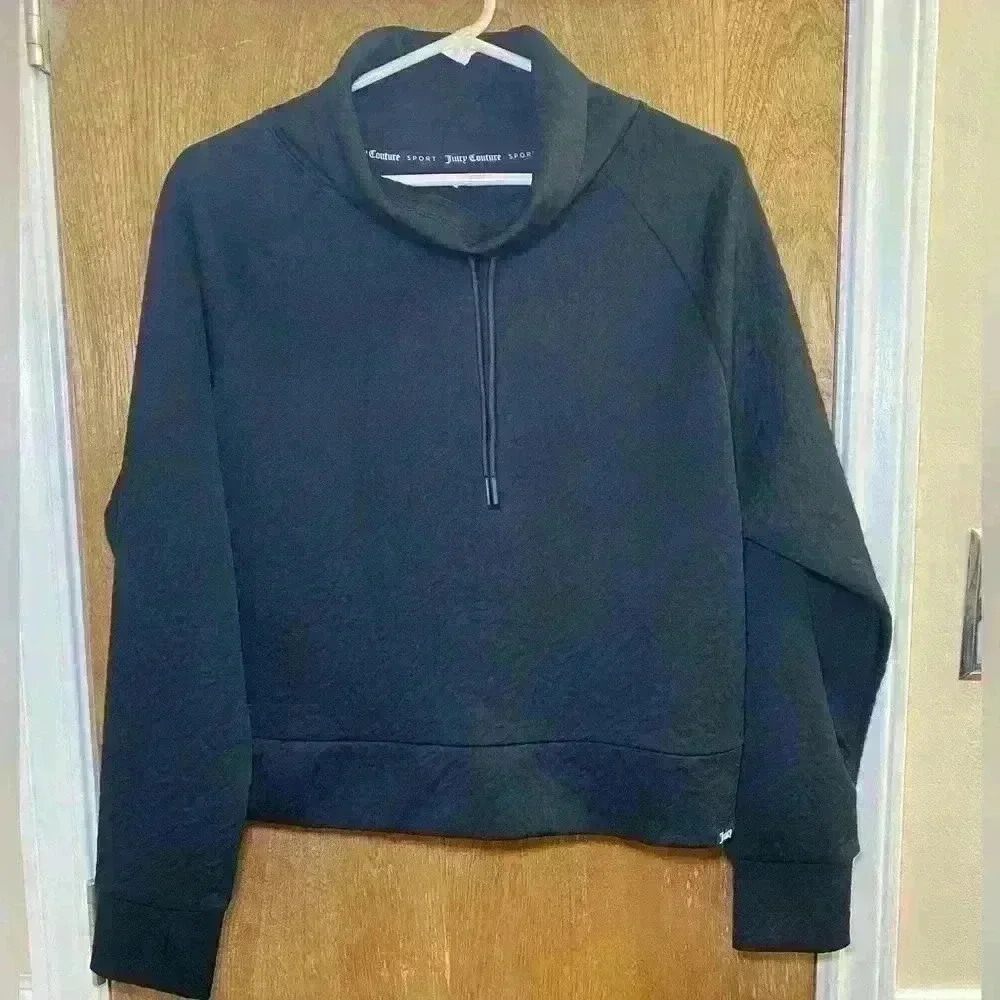 Juicy Couture Sport Black Textured Cropped Sweatshirt Funnel Collar Size Medium